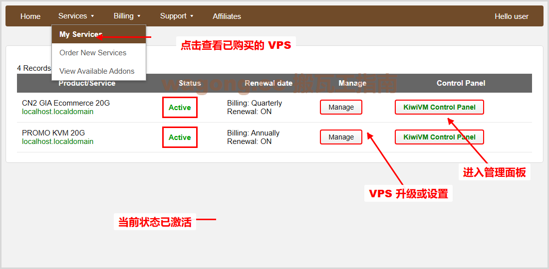 搬瓦工服务列表页面，标注已激活状态、Manage 和 KiwiVM Control Panel 按钮